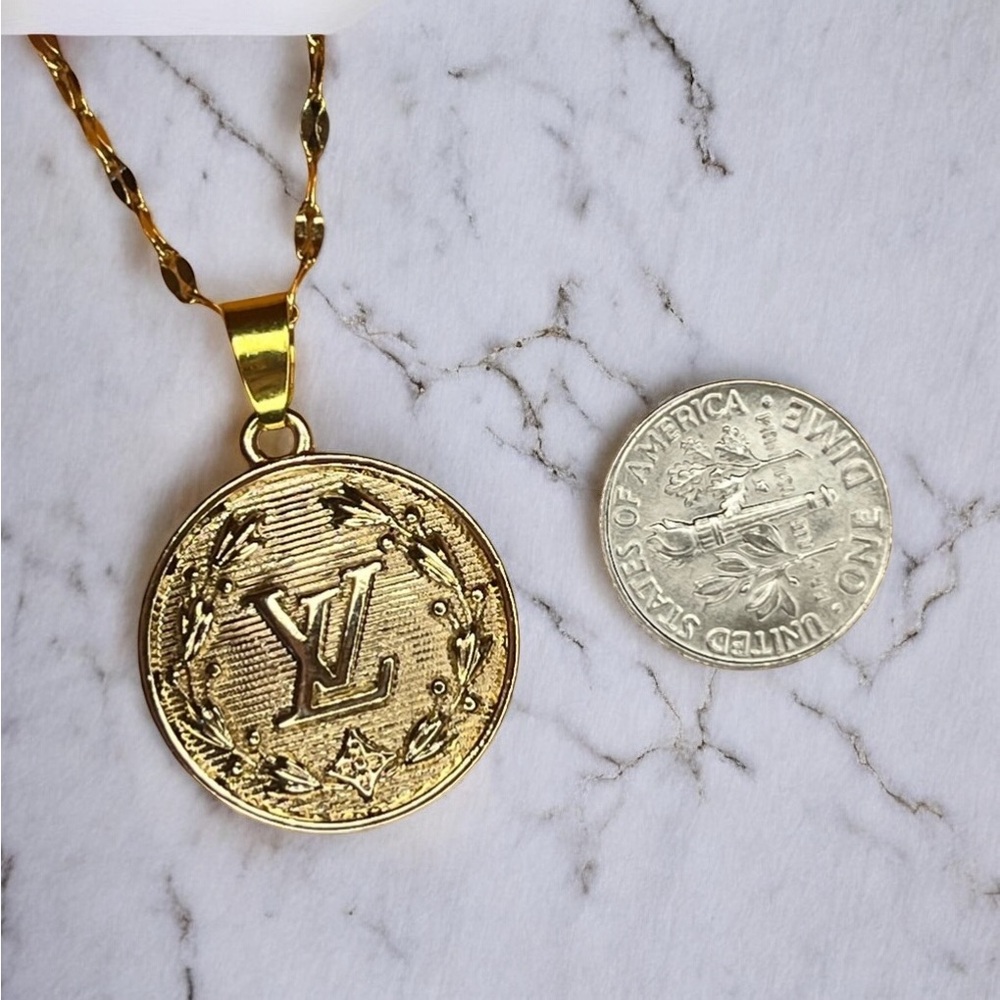 Gold Vintage LV Stamped Upcycled Charm Pendant Necklace